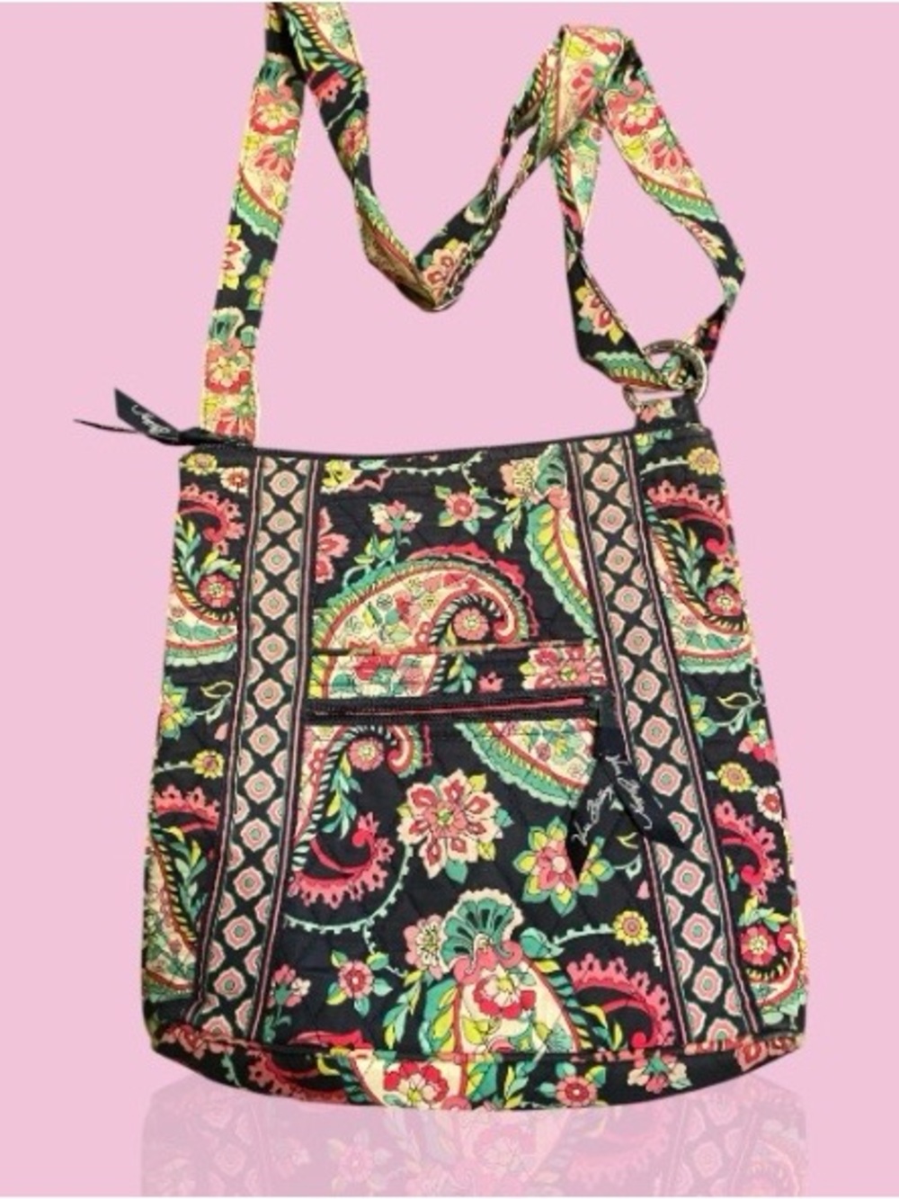 Vera Bradley Black Quilted Crossbody with Pink and Green Paisley